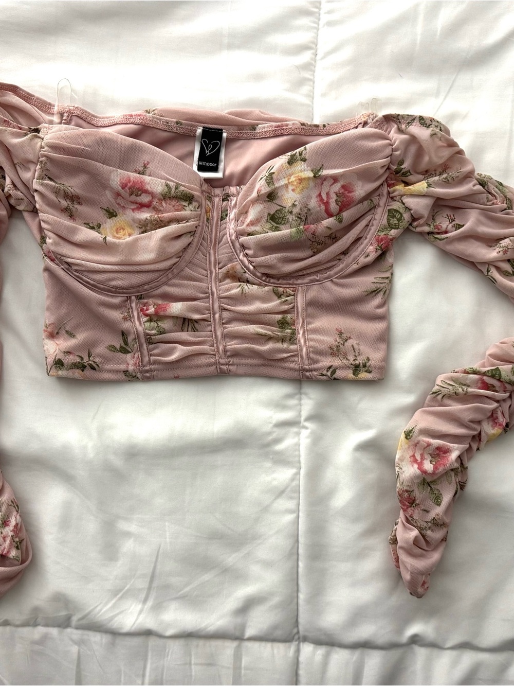 Windsor Pink Floral Off-Shoulder Ruched Bustier Crop Top